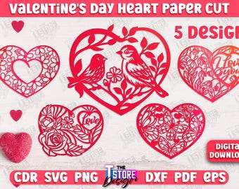 May include: Five digital cut files of Valentine's Day hearts with intricate designs. The designs include hearts with birds, flowers, and the words "Love" and "Love you".