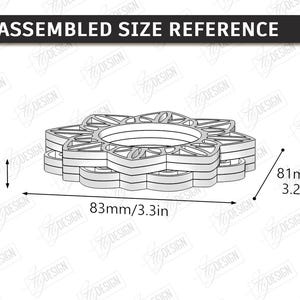 May include: A digital cut-ready file showing an assembled size reference for a layered floral-shaped object. The diagram displays dimensions of 12mm or 0.5 inches in height, 83mm or 3.3 inches in width, and 81mm or 3.2 inches in depth.