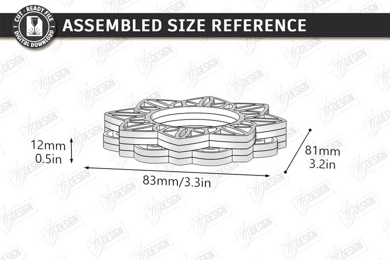 May include: A digital cut-ready file showing an assembled size reference for a layered floral-shaped object. The diagram displays dimensions of 12mm or 0.5 inches in height, 83mm or 3.3 inches in width, and 81mm or 3.2 inches in depth.