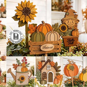 May include: A collection of 10 laser cut wooden designs featuring autumn themes including pumpkins, sunflowers, a scarecrow, a barn, a house, and leaves. The digital files include text such as Harvest and Hello Fall in various formats.
