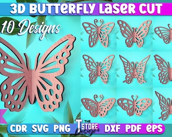 Pacchetto SVG di farfalle 3D tagliate al laser / Design SVG di farfalle tagliate al laser / File CNC