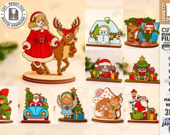 3d Christmas stand decor laser cut bundle, Xmas house shelf sitter, Christmas characters stand svg, wooden stand decor, Santa Claus svg