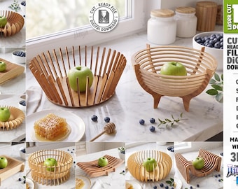 Parametric Wooden Bowl Laser Cut File - Fruit Basket SVG - Modern Decorative Bowl - Wooden Centerpiece svg