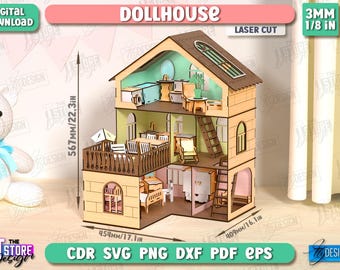 May include: A laser-cut wooden dollhouse with three stories, measuring 22.3 inches tall, 17.1 inches wide, and 16.1 inches deep. The dollhouse features a balcony, interior furniture, and a brown roof. The text "DOLLHOUSE" is displayed at the top.