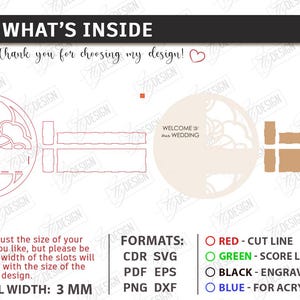 May include: Digital cut file design for a wedding invitation. The design includes a circular element with floral details and the text "WELCOME to the WEDDING". The image also shows the material width of 3 mm.