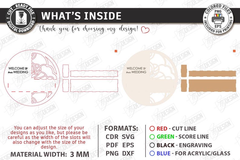 May include: Digital cut file design for a wedding invitation. The design includes a circular element with floral details and the text "WELCOME to the WEDDING". The image also shows the material width of 3 mm.