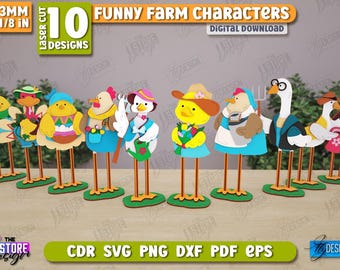 Funny Farm Characters Laser Cut, Farmhouse Decor SVG, Tabletop Statuette, 3D Farm Animals Shelf Sitters, Layered Farm Animals, Nursery Decor