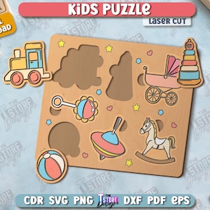 May include: Wooden kids puzzle with cut-out shapes and colorful toy pieces, including a train, rattle, ball, spinning top, rocking horse, and baby carriage. The puzzle is laser cut and includes the text "Kids Puzzle".
