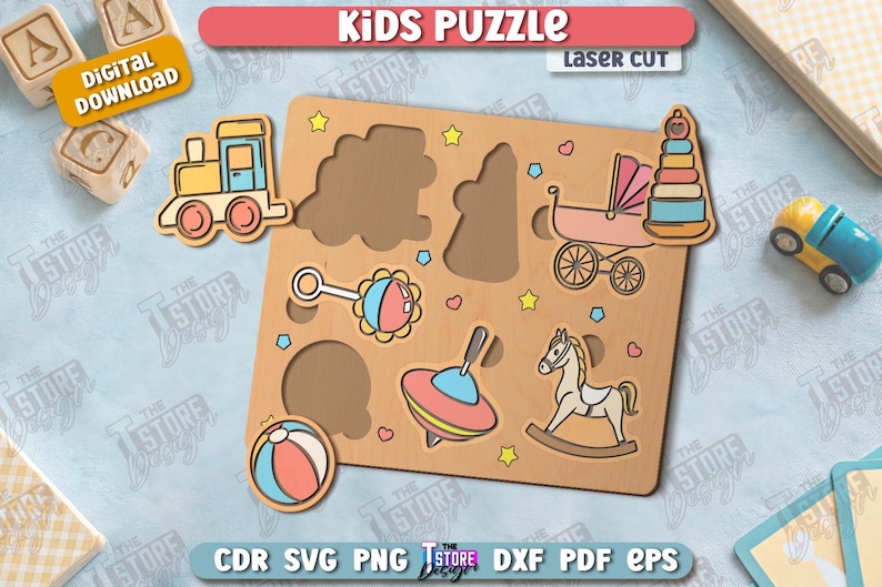 May include: Wooden kids puzzle with cut-out shapes and colorful toy pieces, including a train, rattle, ball, spinning top, rocking horse, and baby carriage. The puzzle is laser cut and includes the text "Kids Puzzle".