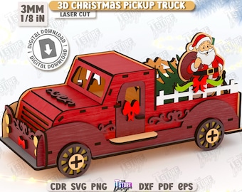 May include: A laser-cut, 3D Christmas pickup truck made of red wood. The truck bed features a Christmas tree and a Santa Claus figure. The truck has decorative wheels and a bow on the door. The text "3D Christmas Pickup Truck" is visible.