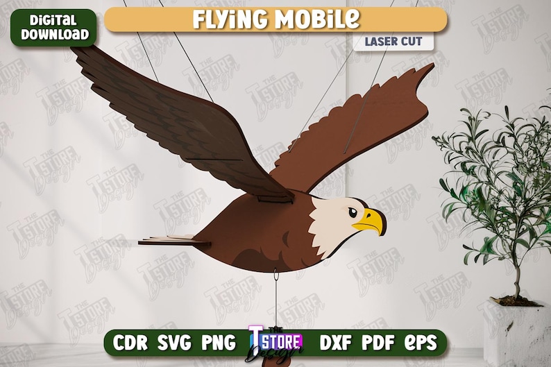 May include: A laser-cut wooden eagle mobile with outstretched wings, featuring brown and white coloring, and a yellow beak. The text "FLYING MOBILE" and "LASER CUT" are displayed. The image also includes the text "AGEN TOTO MACAU DOWNLOAD" and file type options.