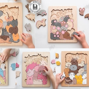 Op de afbeelding: Houten legpuzzels met dierenontwerpen, waaronder katten, muizen, konijnen, varkens en honden. Elke puzzel heeft een ander dierenthema. De afbeelding bevat ook de tekst "5 Designs", "Cut Ready File" en "Compatible with any material thickness".