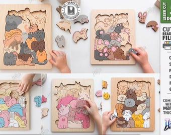 Quebra-cabeça de animais em SVG cortado a laser - Tabuleiro de quebra-cabeça infantil de madeira - Brinquedo Montessori de animais - Jogo educativo para crianças pequenas - Arquivos Glowforge - Presente infantil em SVG