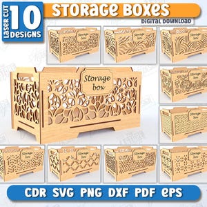 Puede incluir: Diez diseños de cajas de almacenamiento para descargar digitalmente. Cada diseño presenta un patrón intrincado diferente, incluidos diseños florales, geométricos y abstractos. Las cajas están etiquetadas como "Caja de almacenamiento".