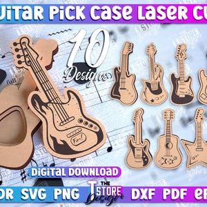 Può includere: Dieci modelli di custodie per plettri di chitarra tagliati al laser. I disegni includono varie forme di chitarre con dettagli diversi, come fiamme, stelle e una chitarra con la scritta "Fire!" su di essa.