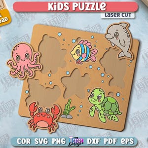 May include: Wooden kids puzzle featuring sea creatures like an octopus, crab, fish, dolphin, and turtle. The puzzle pieces are colorful and designed to fit into corresponding cutouts on the wooden board. The words "KIDS PUZZLE" are at the top.