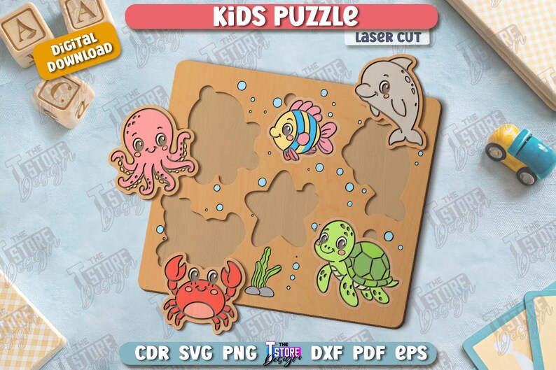 May include: Wooden kids puzzle featuring sea creatures like an octopus, crab, fish, dolphin, and turtle. The puzzle pieces are colorful and designed to fit into corresponding cutouts on the wooden board. The words "KIDS PUZZLE" are at the top.