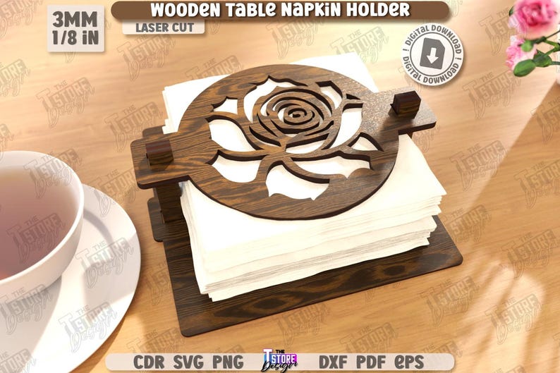 May include: Wooden table napkin holder with a laser-cut rose design. The dark brown holder is made of wood and holds a stack of white napkins. The text "WOODEN TABLE NAPKIN HOLDER" is visible.