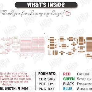 May include: Digital cut file design with various shapes and patterns, including text that says "What's Inside" and "Thank you for choosing my design!" The material width is 4 mm. Formats include CDR, SVG, PDF, EPS, PNG, and DXF.