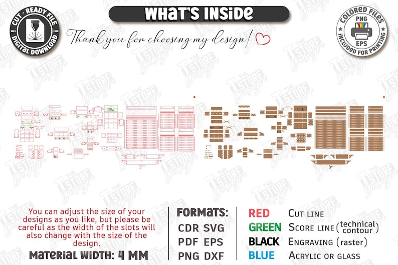 May include: Digital cut file design with various shapes and patterns, including text that says "What's Inside" and "Thank you for choosing my design!" The material width is 4 mm. Formats include CDR, SVG, PDF, EPS, PNG, and DXF.