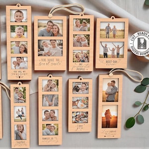 Könnte beinhalten: Eine Sammlung von zehn Holz-Fotorahmen-Designs, jedes mit mehreren rechteckigen Öffnungen für Bilder. Einige Rahmen haben Texte wie "Our Beautiful Moments" und "Best Day Ever". Jeder Rahmen hat ein kleines Loch zum Aufhängen.