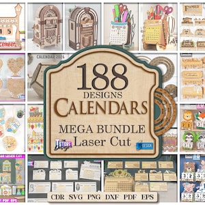 Pode incluir: Uma coleção de calendários de madeira e designs de calendários. A imagem apresenta vários estilos, incluindo calendários perpétuos, calendários de mesa e designs cortados a laser. O texto central diz "188 Designs Calendars Mega Bundle Laser Cut."