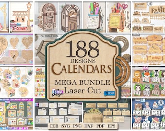 Pacote Mega com 188 Calendários cortados a laser, calendário perpétuo 3D cortado a laser, calendário infantil em SVG, decoração de mesa, jukebox em SVG, calendário eterno em SVG