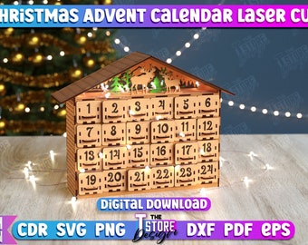 May include: A wooden Christmas advent calendar shaped like a house with 24 numbered doors. The calendar is decorated with a reindeer and pine trees. The text "DIGITAL DOWNLOAD" is printed below the calendar. The text "3MM 1/8IN CDR SVG PNG THE STORE DESIGN DXF PDF EPS" is printed below the calendar.
