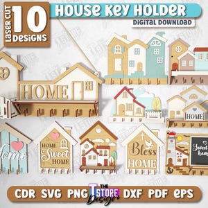 House Key Holder Laser Cut Bundle, House Shaped Key Hangers, Keychain Rack with Hooks, Home Decor, Wall Keyring Hanger, Scandinavian Houses