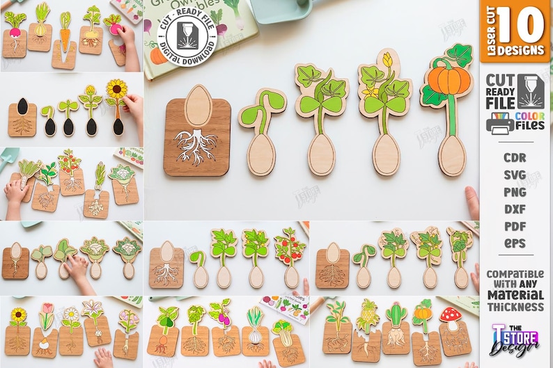 May include: A collection of wooden laser-cut designs depicting plant growth, featuring carrots, sunflowers, and pumpkins. The designs show different growth stages, from seed to mature plant. The image also includes the text "CUT READY FILE".