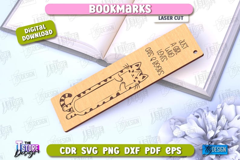 May include: A laser cut wooden bookmark featuring a cat curled up with the text "Just a girl who loves cats & books".