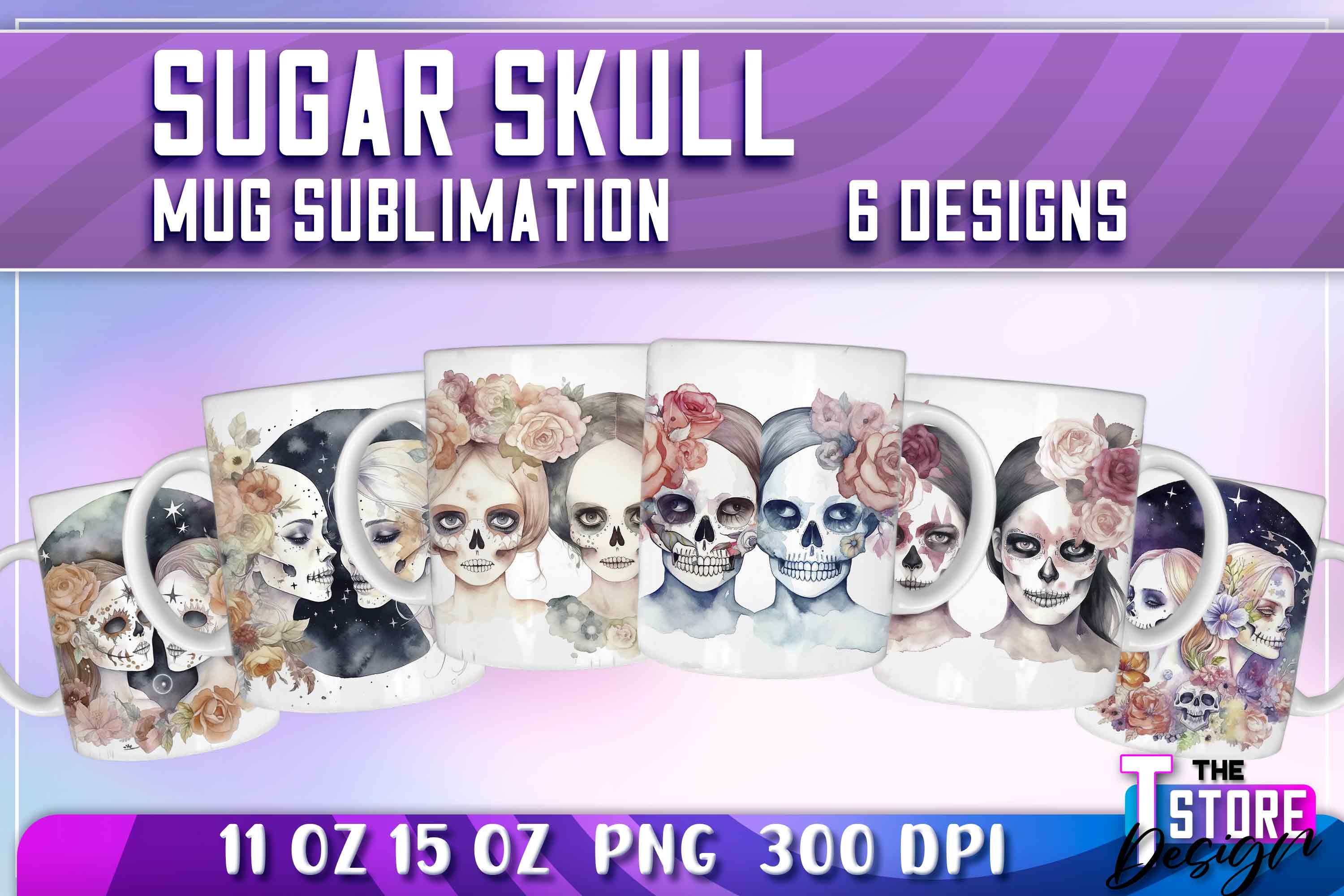 3D Sugar Skull Mug Wrap Bundle | Day of Dead 11oz Mug Sublimation Wrap | Sugar Skull Coffee Cup Collection | Sugar Skull 15 oz Mug Wrap v.2