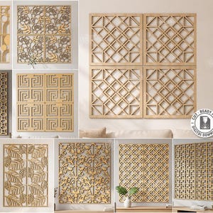 Könnte beinhalten: Eine Sammlung von zehn lasergeschnittenen digitalen Designdateien für Wandpaneele mit verschiedenen geometrischen, floralen und Gittermustern. Der Text enthält 10 DESIGNS, CUT READY FILE DIGITAL DOWNLOAD, CDR, SVG, PNG, DXF, PDF, EPS und COMPATIBLE WITH ANY MATERIAL THICKNESS.