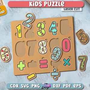 May include: Wooden kids puzzle with numbers 0-9 and math symbols. Each number is a different color and decorated with fruits, flowers, and other designs. The puzzle is laser cut and includes the text "KIDS PUZZLE".