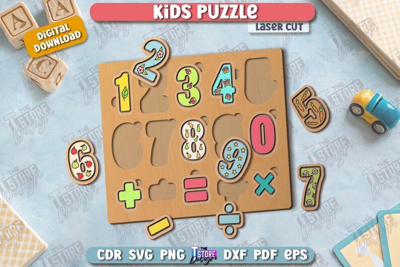 May include: Wooden kids puzzle with numbers 0-9 and math symbols. Each number is a different color and decorated with fruits, flowers, and other designs. The puzzle is laser cut and includes the text "KIDS PUZZLE".