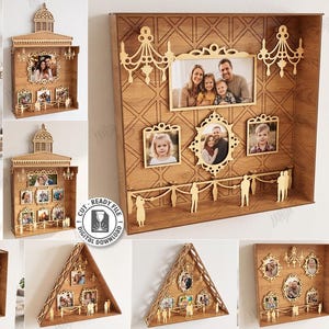 May include: A collection of laser-cut wooden shadow box photo frames featuring various geometric shapes and decorative elements. The designs include intricate chandelier motifs, silhouette figures, and multiple photo slots. Text includes 10 DESIGNS, CUT READY FILE DIGITAL DOWNLOAD, and MATERIA WIDTH: 3MM.