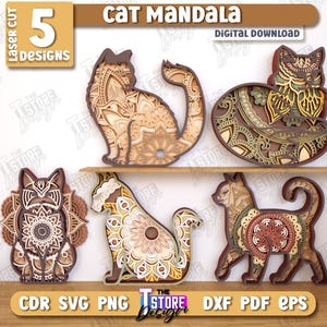 3d multilayered cat mandala laser cut bundle, multilayer mandala laser cut files, cat layered mandala laser cut files, wall art cat ornament