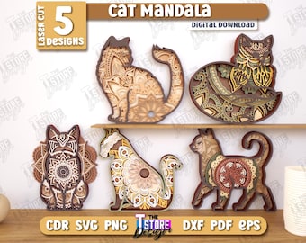 3d multilayered cat mandala laser cut bundle, multilayer mandala laser cut files, cat layered mandala laser cut files, wall art cat ornament