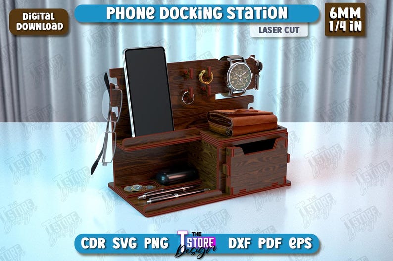 Op de afbeelding: Een houten telefoon laadstation met een lade, een plank voor een telefoon en een horlogehouder. Het station is gemaakt van 6 mm (1/4 inch) dik hout en is lasergesneden.
