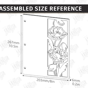 May include: A laser-cut panel with a floral design, featuring poppy flowers and leaves. The panel is 10.5 inches tall, 8 inches wide, and 0.2 inches thick. The text "ASSEMBLED SIZE REFERENCE" is at the top.