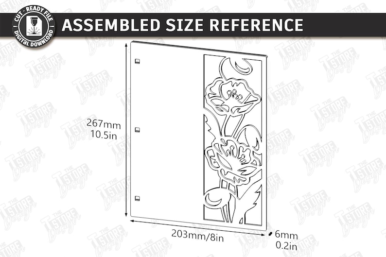 May include: A laser-cut panel with a floral design, featuring poppy flowers and leaves. The panel is 10.5 inches tall, 8 inches wide, and 0.2 inches thick. The text "ASSEMBLED SIZE REFERENCE" is at the top.