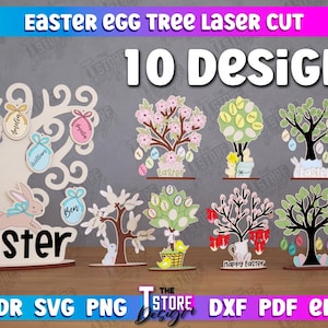 Paquete de árbol de huevos de Pascua personalizado cortado con láser, soporte para huevos de Pascua 3D cortado con láser, conejito de Pascua SVG, adornos para estantes de árboles de Pascua, árbol genealógico SVG