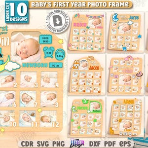 Könnte beinhalten: Holz-Fotorahmen für das erste Lebensjahr des Babys mit 12 Fotofächern, Mond- und Sterndesign und dem Text "Nadin". Enthält eine digitale Download-Option. Der Rahmen zeigt auch das Geburtsdatum, die Uhrzeit, das Gewicht (3,1 kg) und die Größe (50 cm) des Babys.