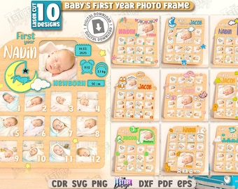 3d baby’s first year photo frame laser cut bundle, newborn memory keepsake, newborn stats frame laser cut, 12 months photos, baby milestones