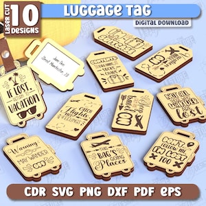 Luggage tags laser cut bundle, baggage tag svg, travel tag svg, personalized bag tag svg, travel quotes svg, adventure awaits luggage tags