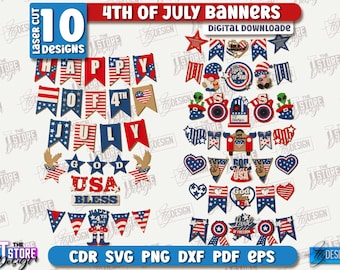 Pakiet banerów 4 lipca wycinanych laserowo, patriotyczna girlanda SVG, amerykańskie dekoracje imprezowe, Dzień Niepodległości, Dzień Pamięci, baner z flagą USA SVG