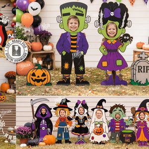 May include: A collection of ten Halloween-themed face-in-hole photo booth props featuring characters like a vampire, Frankenstein, a mummy, a pumpkin, and witches. These digital laser cut designs include various colourful illustrations for festive events.