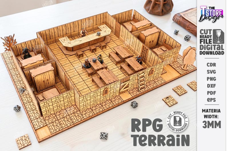 K&ouml;nnte beinhalten: Detailliertes, lasergeschnittenes RPG-Gel&auml;ndemodell aus Holz mit R&auml;umen mit Tischen, Betten und einer Bar. Das Modell enth&auml;lt Miniaturfiguren und W&uuml;rfel, mit dem Text "RPG Terrain" und "Materialbreite: 3MM".