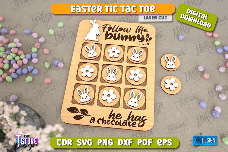 May include: A wooden Easter tic-tac-toe game with a bunny theme. The board has nine squares with images of bunnies, flowers, and the text "Follow the bunny he has a chocolate".