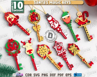 May include: A collection of ten laser-cut Christmas ornaments in the shape of keys. Each key features a unique design, including Santa, a snowman, and a reindeer. The keys are red, green, and gold, with the text "SANTA'S MAGIC KEYS".